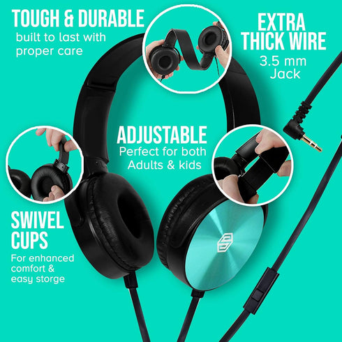 Premium Classroom Headphone with Microphone (5 Pack) - Kids Wired Earphones for K-12 Students & Teachers, Colorful