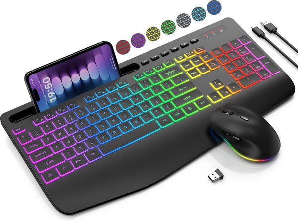 Wireless Keyboard and Mouse Combo - 9 Backlit Effects, Wrist Rest, Phone Holder, Rechargeable Silent Set