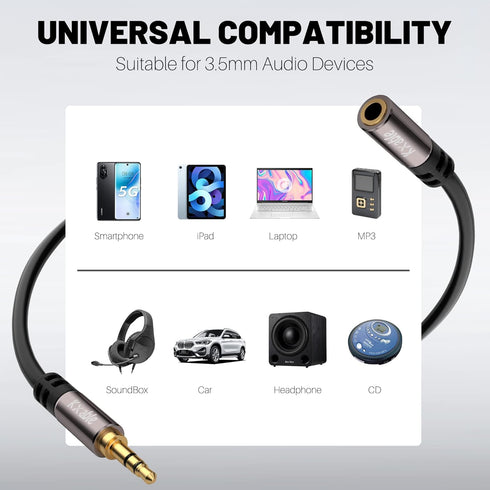 4ft 3.5mm Extension Cable (2 Pack) - Male to Female Stereo, Gold Plated, OFC Core, Hi-Fi Sound, Black with 5 Cable Ties.