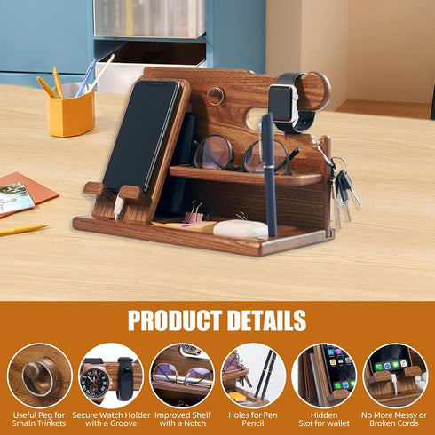 LNBEI Wood Phone Docking Station for Men, Simple and Elegant Nightstand Organizer, Multifunctional Desk Organizers