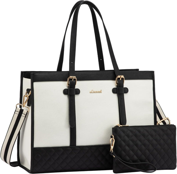 LOVEVOOK Laptop Bag for Women, 15.6 inch Canvas Tote Bag, Large Capacity Work Bag with Clutch Purse, Casual Handbag