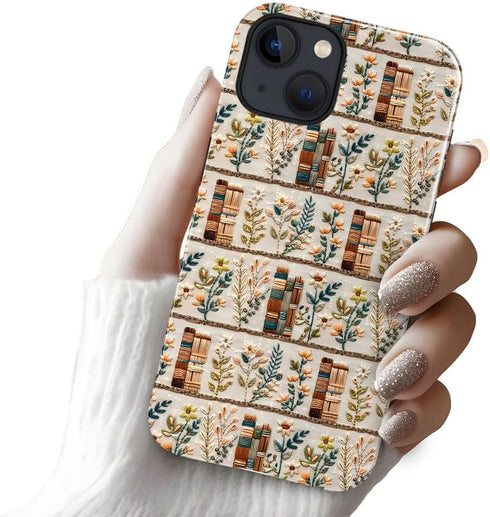 Generic 14,Anti-Scratch Compatible with iPhone Glossy Case Cover,Embroidery Book Flowers Bookshelf