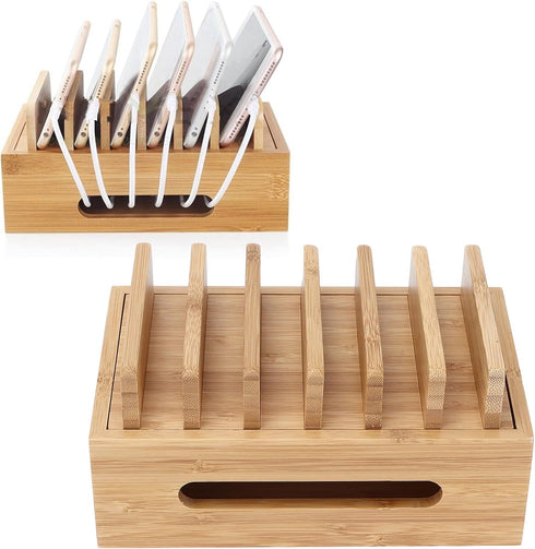 Bamboo Charging Station Rack for Multiple Devices, Universal Docking Station USB Multi-Charger Organizer Compatible