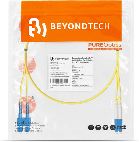 BEYONDTECH LC to SC Fiber Patch Cable, Single Mode Duplex, 3m (9.84ft), Compatible with OS1 - OS2