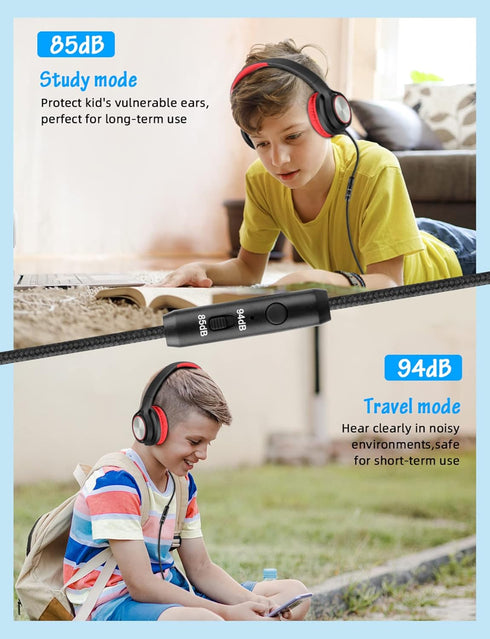 Wired Over Ear Kids Headphones with Microphone, Volume Limited 85dB/94dB for Boys Girls Teens, School/Travel/iPad