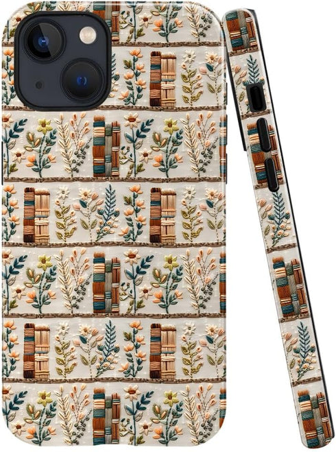 Generic Compatible with iPhone 14,Anti-Scratch Glossy Case Cover,Embroidery Book Flowers Bookshelf