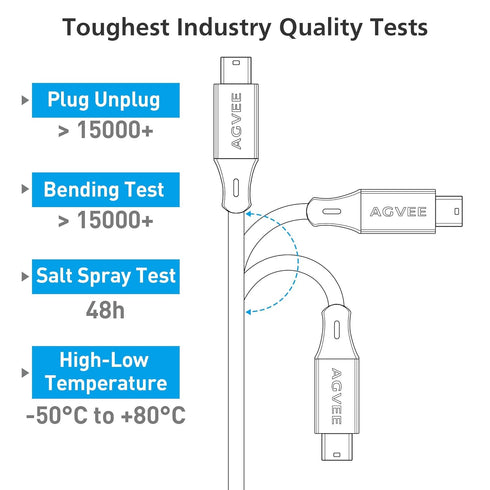AGVEE 6ft USB-C to Mini USB Cable (2 Pack) - Braided OTG Charger for Hero 3+, PS3, Canon, Nikon, GPS, Blue Yeti, Dark