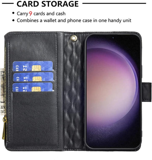 Asuwish Wallet Case for Samsung Galaxy S23 Plus 5G - Leather Flip, Tempered Glass Protector, Credit Card Holder, Black.
