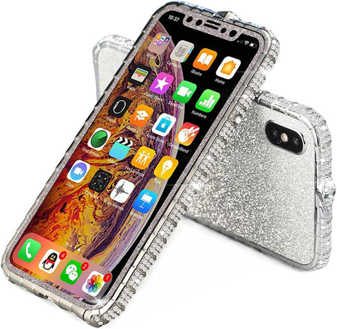 Fusicase for iPhone XR Diamond Case - Glitter Sticker Bling Rhinestone Crystal Metal Bumper Frame, Silver