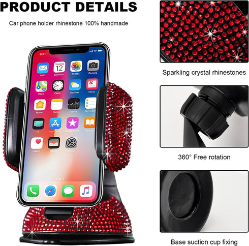 FSTURIOS 360 Bling Cell Phone Holder, Adjustable Rhinestone Car Phone Mount with Air Vent Base, Universal Shiny Crystal