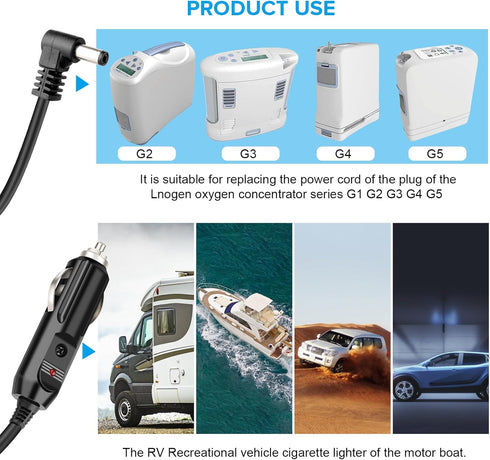 Replace 12V Car Charger Power Cord for Lnogen One G1 G2 G3 G4 G5 Portable Oxygen Concentrator Series, 8.5FT Wire