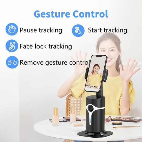 WUOAUM 360 1100mAh Auto Face Tracking Tripod, Rotating Phone Stand with AI Gesture Control & Bluetooth Remote, No App