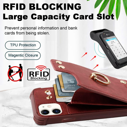 iPhone 11 Wallet Case with Credit Card Holder, Leather Shockproof Cover with 360° Rotation Ring Stand - Burgundy