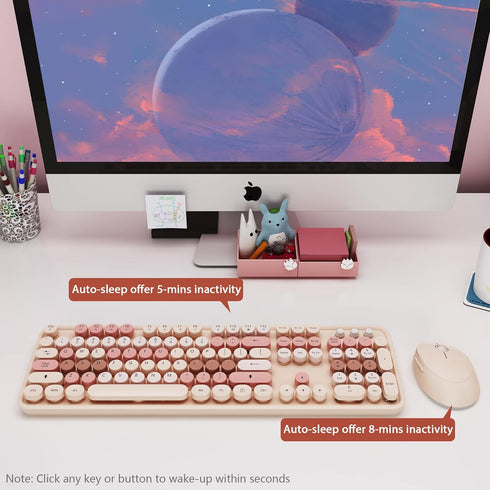 KOOTOP Wireless Keyboard and Mouse, 2.4G Cute Keyboard with Retro Round Keycap for PC, Mac, Laptop, Tablet (Milk Tea)