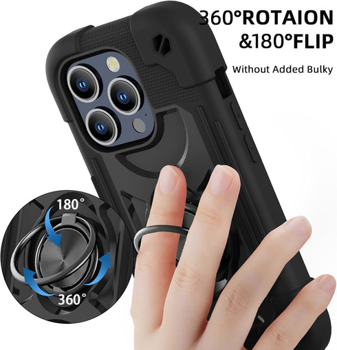 MARKILL iPhone 15 Pro Max Case, Heavy-Duty Military Grade Shockproof Cover with Double Ring Stand (Black)