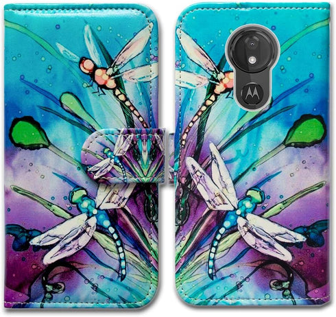 Case for Moto G7 Power/Supra, Cute Dragonfly Leather Flip Wallet Cover with Card Slot Holder for Motorola