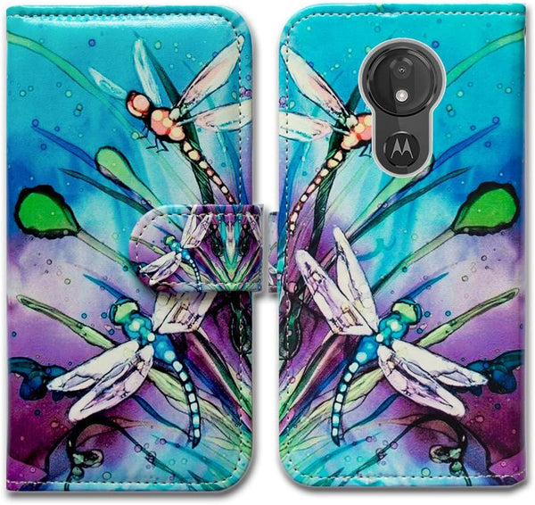Case for Moto G7 Power/Supra, Cute Dragonfly Leather Flip Wallet Cover with Card Slot Holder for Motorola