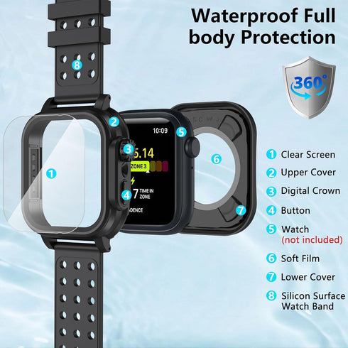 Hensinple Waterproof Case for Apple Watch Band 45mm Series 8/7 with Built-in Screen Protector, IP68 360 Full Protective
