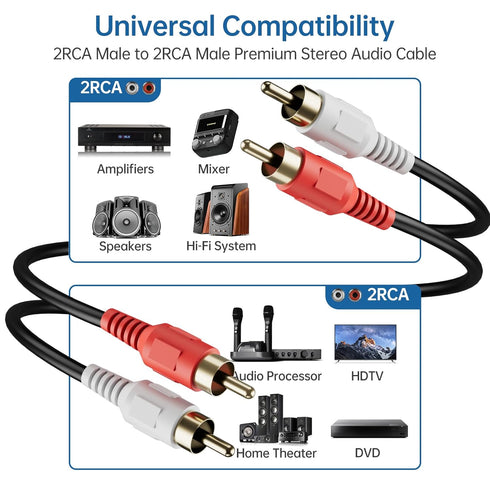 RCA Cable 6ft, 2RCA Male to 2RCA Male - Audio Stereo Subwoofer Cable for Home Theater, HDTV, Amplifiers, Hi-Fi Systems