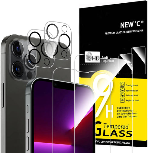 NEW'C iPhone 13 Pro Screen Protector 4 Pack + 2 Pack Camera Lens Protector, Case Friendly Tempered Glass Film.