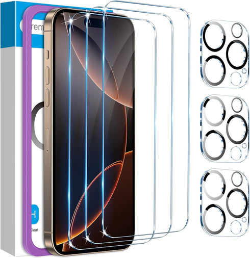 Fotbor 3-Pack iPhone 16 Pro Max Screen Protector with 3-Pack Camera Lens Protector, 9H+ Tempered Glass