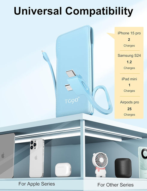 TG90° 10000mAh Power Bank with Built-in Foldable AC Wall Plug and Cables, Ultra Slim Portable Charger for iPhone 16/15