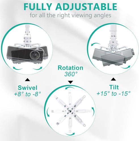 3-in-1 44lbs (PM-003-W), WALI Projector Mount Ceiling/Wall - Universal Bracket with Extension Pole, Height Adjustable