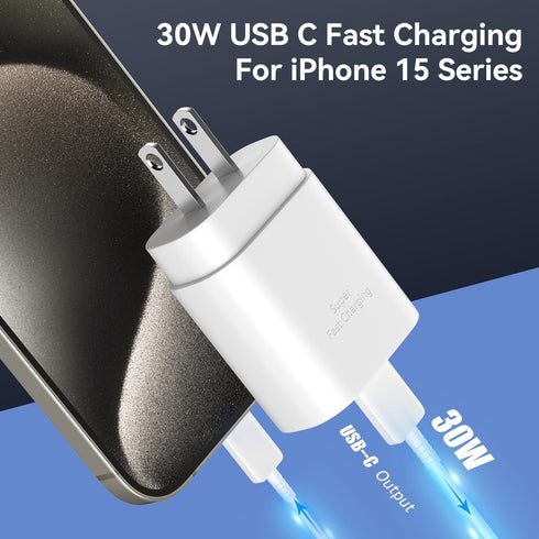30W Fast Charging Phone 16 15 Charger, USB-C Wall Block Adapter with 6.6Ft USB C to C Cable for Pro/Max