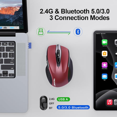 TECKNET Wireless Mouse (2.4G & BT5.0/3.0) Silent Mouse 4800 DPI Computer Mouse 6 Buttons Bluetooth Mouse, USB A Mouse Wide Compatibility - Red