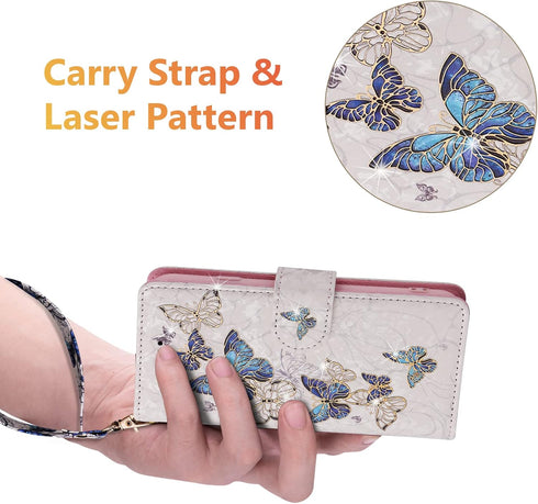 UEEBAI 15, Wallet Case for iPhone PU Leather Phone Cover Kickstand RFID Blocking Flip Case Card Slots Wrist Strap