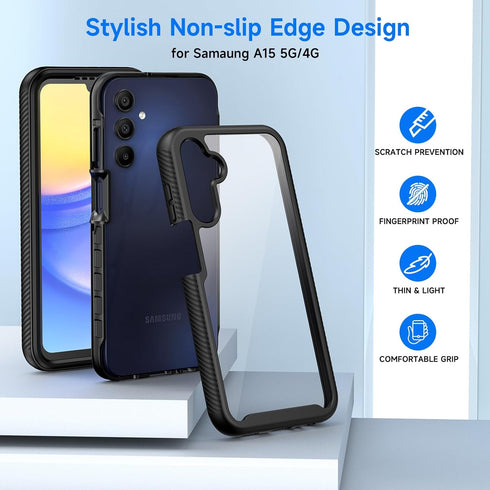 Seacosmo Slim Fit Full Body Shockproof Case for Samsung Galaxy A15 5G/4G, with Built-in Screen Protector, Black.