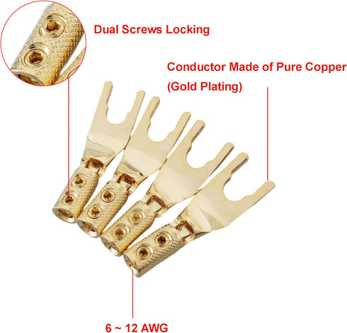 Speaker Spade Connectors, Dual Screw Locking Speaker Cable Plug, Fork Spade Lugs with Heat Shrink Tubing+Allen Wrench for Speaker Wire DIY 4PCS (Gold Plated Knurled Style) by Viborg