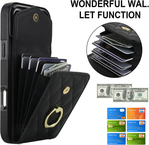 MRRSIWEI 17 17 Crossbody Case for Apple Pro Max with Card Holder, PU Leather with Wallet Removable Lanyard Wrist Strap