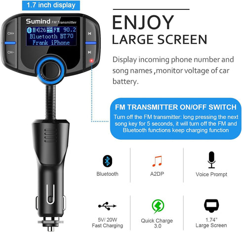 Upgraded Bluetooth FM Transmitter, Wireless Radio Adapter with 1.7'' Display, QC3.0 Dual USB Ports, AUX Input/Output