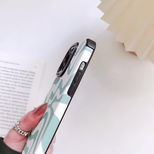 Cute Green White Wave Design iPhone 13 Pro Max Case for Women, Slim Shockproof PU Leather TPU, 6.7" Protection.