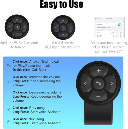 Bluetooth Media Button, Wireless Remote Control for Car, Bike, Motorbike, Boat, IPX6 Waterproof, Compatible with