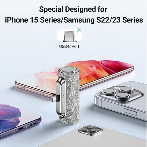 Mini Portable Charger USB C, 4500mAh Bling Cute Battery Pack for iPhone 16 15 /Pro/Pro Max/Plus, Shiny Silver