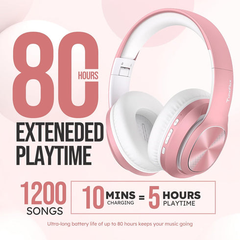 Wireless Bluetooth Headphones Over Ear, 80H Playtime, 3EQ Sound Modes, HiFi Stereo Headphones with Deep Bass, Foldable Bluetooth 5.3 Headphones for Smartphone/PC/Computer-Rose Gold