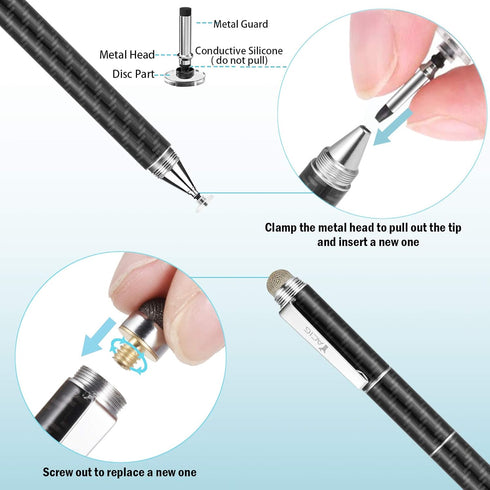 Capacitive Stylus Pen, 4-in-1 High Sensitivity and Precision Touch Screen Stylus with Clear Disc Tip, Black Rubber Tip