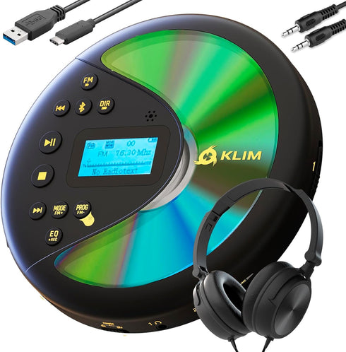 KLIM Discover with Headphones - Portable CD Player with Long-Lasting Battery - New