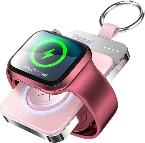 Portable Wireless Charger for Apple Watch Series 9/8/UItra/7/6/5/4/3/2/SE, 1500mAh Magnetic Keychain Charger, Pink