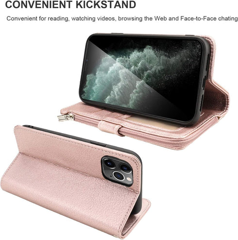 KIHUWEY Premium Leather Wallet Case for iPhone 12 Pro Max, Zipper with Card Holder, Wrist Strap, Rose Gold