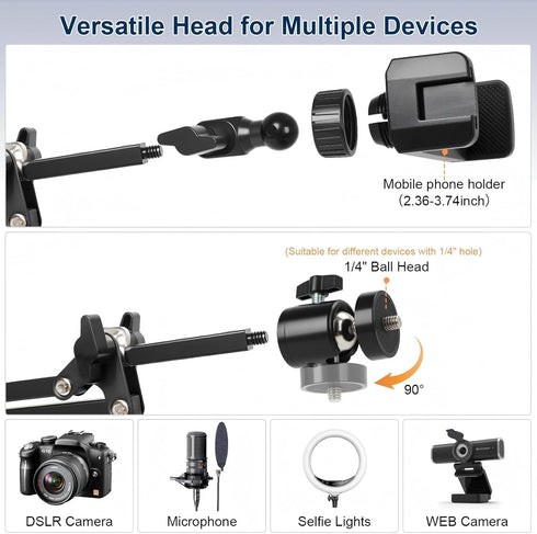 juttilax 360 5lb,Desk Overhead Camera Mount,Camera Desk Mount with Adjustable Arm and Phone Holder,Max Load-Bearing