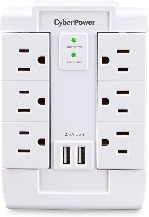 CyberPower CSP600WSURC2 Surge Protector, 1200J/125V, 6 Swivel Outlets, 2 USB Charging Ports, Wall Tap Design, White