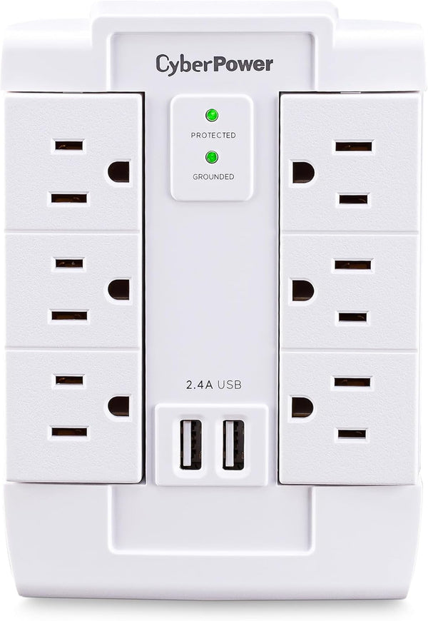 CyberPower CSP600WSURC2 Surge Protector, 1200J/125V, 6 Swivel Outlets, 2 USB Charging Ports, Wall Tap Design, White