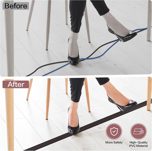 Floor Cord Cover, Self Adhesive Cord Hider, Dark Walnut, 20Ft, Prevent Cable Trips, 0.51" W x 0.31" H