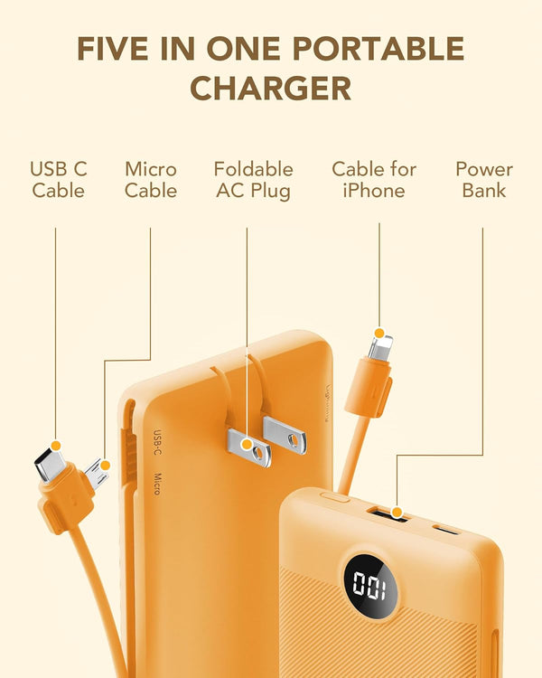 Portable Charger with Built-in Cables and AC Wall Plug, VRURC USB C Power Bank 10000mAh, Lightweight
