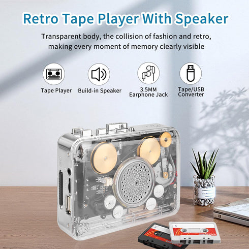 Cassette MP3 Portable Clear Stereo Auto Reverse PlayerConvert Tapes to Format via USB ConverterBuilt-in Cool Copper