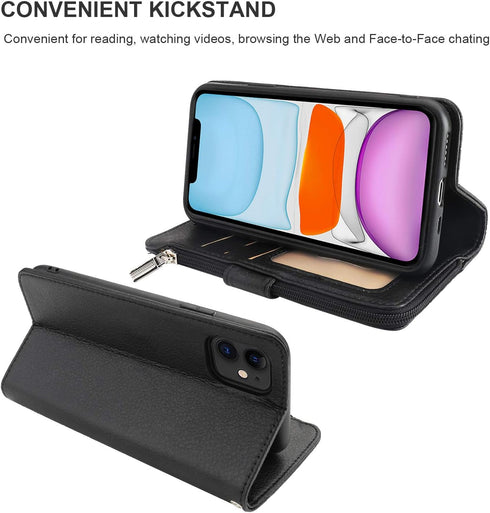 KIHUWEY iPhone 12 Pro Wallet Case Leather Zipper with Card Holder, Kickstand and Protective Lanyard Purse Cover
