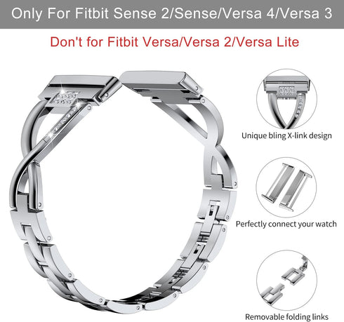 Wearlizer Metal Band Compatible with Fitbit Versa 4/Versa 3/Sense/Sense 2, Dressy Stainless Steel Bling Bracelet Strap